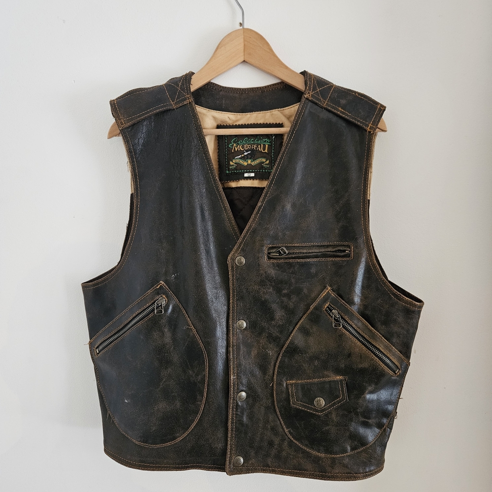 Vintage Modo Peau Leather Motorcycle Vest Biker D Pocket Buckle Back